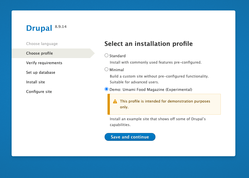 On the installation page, install the standard application with the pre-configured feature, and customize as needed.