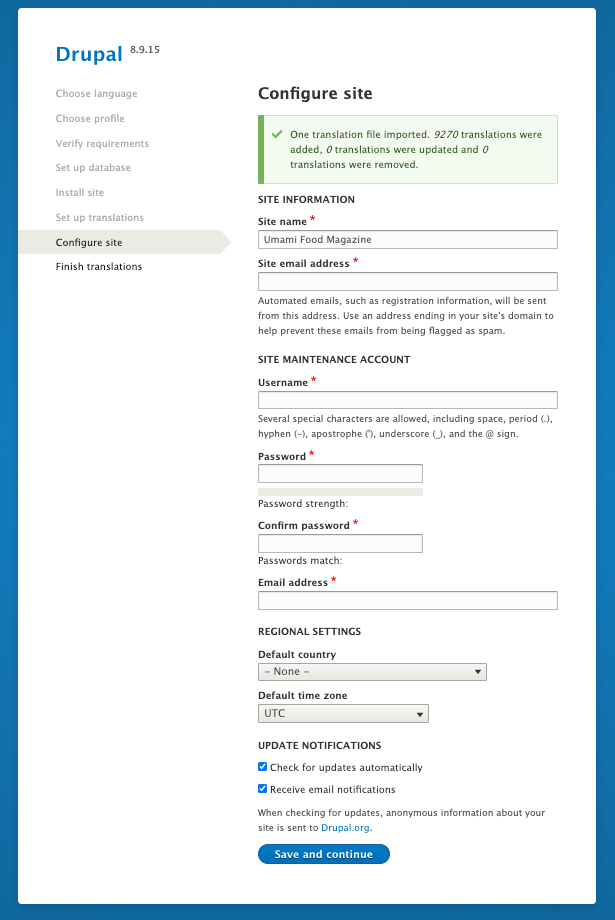 Set up the SITE MAINTENANCE ACCOUNT to log in to the admin page, then choose Save and continue after you are done.