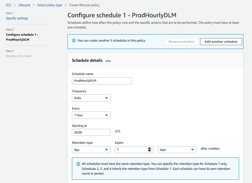 Creating an Amazon EBS snapshot policy - Step 2 - Configure schedule 1 ProdHourlyDLM