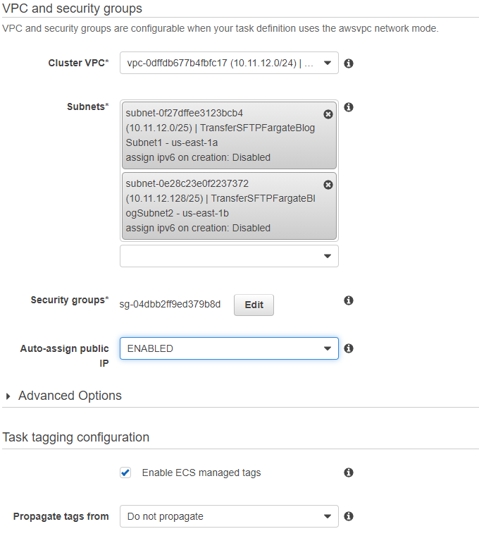 Select the Cluster VPC, Subnets, and Security groups created by CloudFormation, and Enabled for Auto-assign public IP