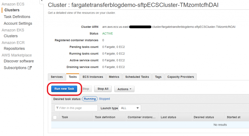 Select the ECS cluster created by CloudFormation and select Run new Task in the Tasks tab.