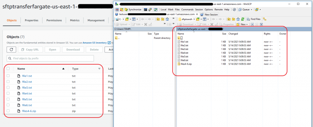 View files in the S3 bucket with the SFTP protocol and WinSCP client for side by side comparison