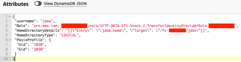 Amazon DynamoDB table entry for user 'jdoe' - using okta as an identity provider with AWS Transfer Family and Amazon EFS