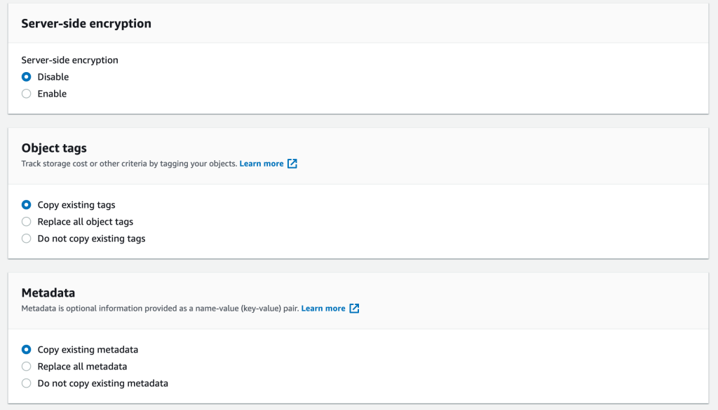 A number of other S3 Batch Operations options are available for your job, such as encryption, object tagging, and metadata