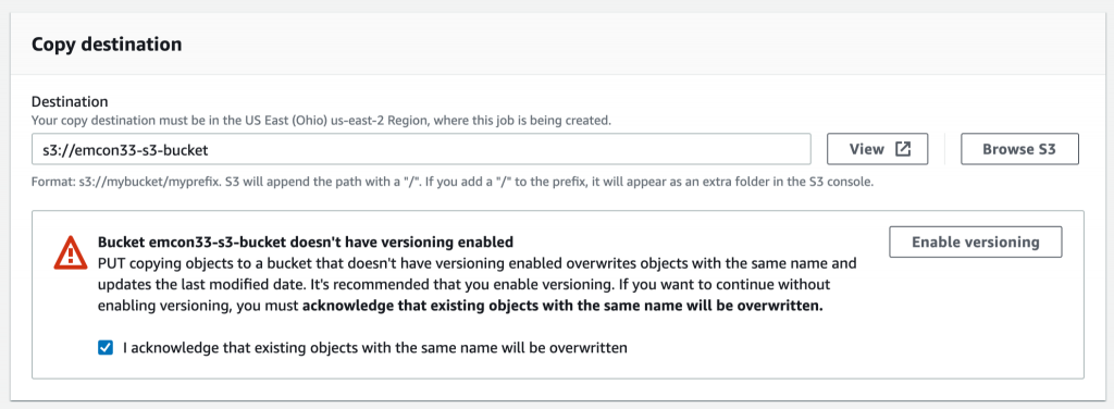 S3 Batch Operations - Select destination bucket for copy