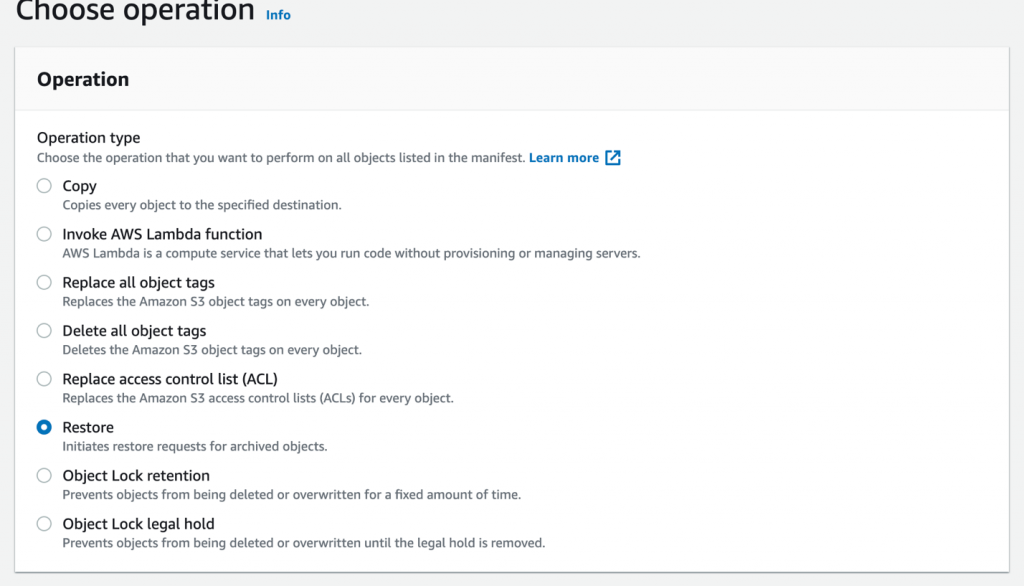 S3 Batch Operations restore - Choose operation - Restore