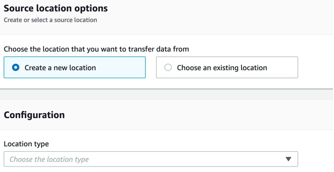 (1) Creating a DataSync task - For the source location, select Create a new location, and from the Location type dropdown select Amazon S3.