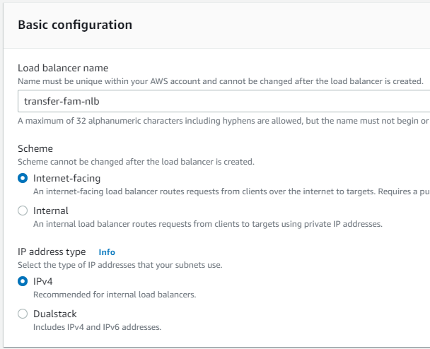 In the Basic configuration section, supply a name under load balancer name. Make sure Internet-facing and IPv4 are selected