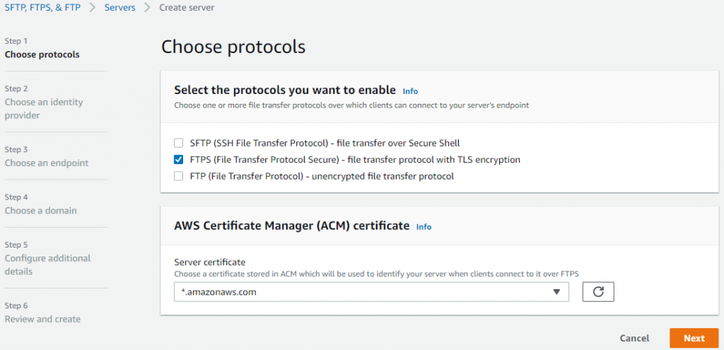 Next, from the AWS Transfer Family console, choose Create server. On Step 1, Choose protocols, uncheck SFTP, and check FTPS