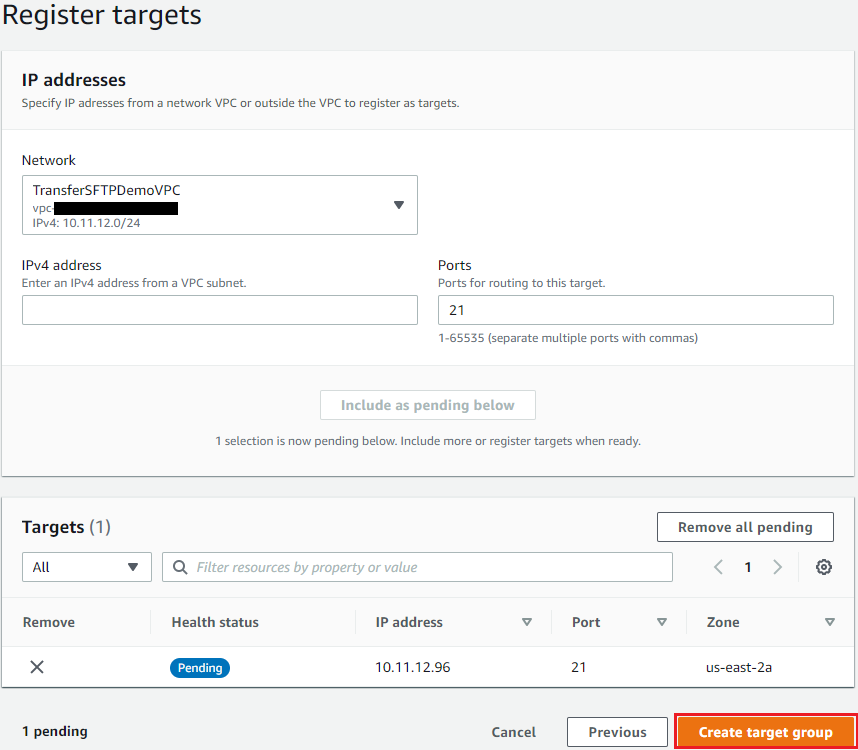 Register targets - Create target group after supplying IPv4 address of your AWS Transfer Family Server