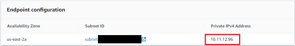 Scroll down to the Endpoint configuration section, and make a note of the Private IPv4 Address