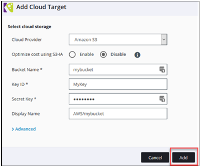 (1) Enter your S3 Bucket Name, IAM user credentials (Key ID and Secret Key) and the desired Display Name