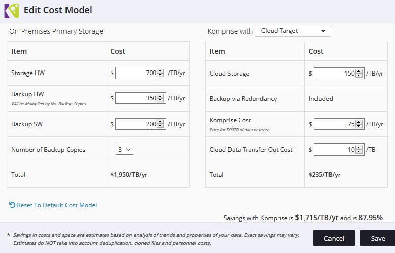 You can customize the analysis to ensure accurate cost savings estimates by browsing to All Actions, Edit Cost Model when viewing your plan