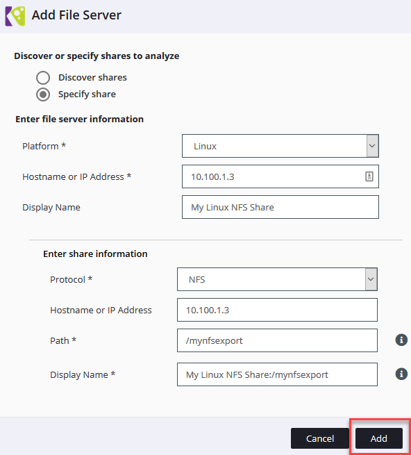 You can then enter in your NFS or SMB file share information and begin discovering the files that reside in that share