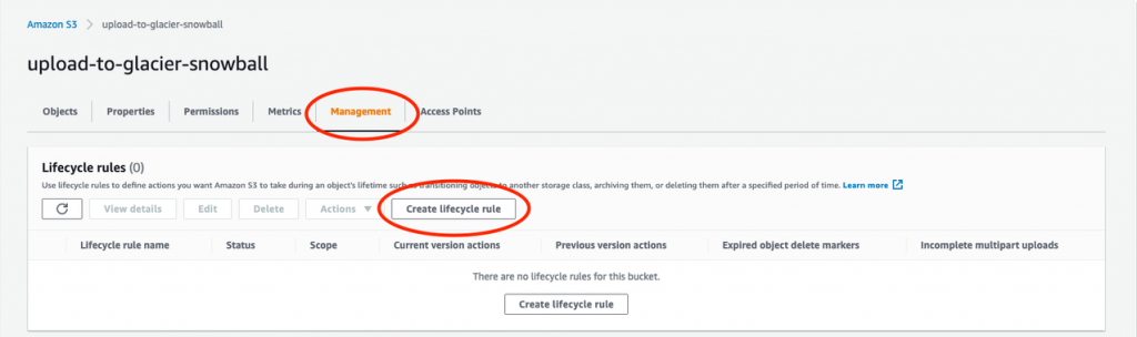 Figure 1. Management tab of the Amazon S3 Management Console for creating a lifecycle rule