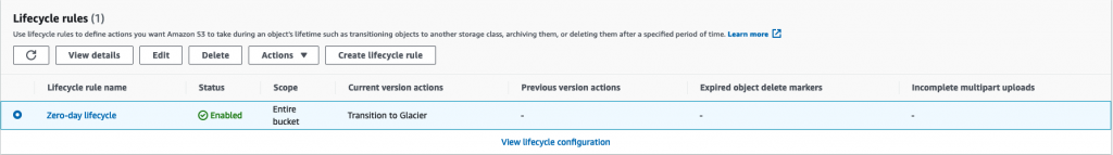 Figure 5: Verifying the creation of zero-day lifecycle rule