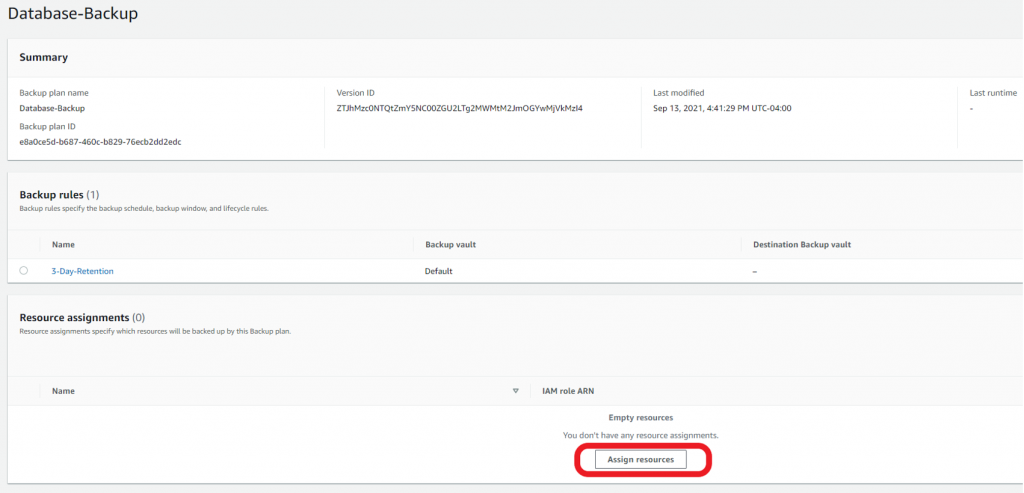 Backup plan assign resources