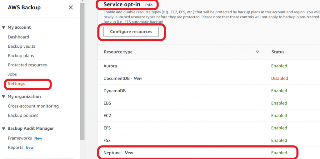 Enable Amazon Neptune as Resource type to protect in AWS Backup