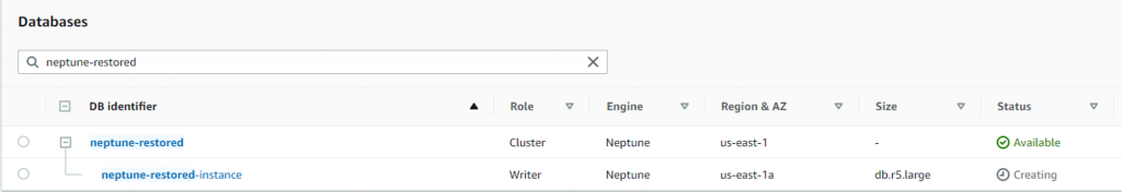 Neptune console showing compute instance attached to restored cluster