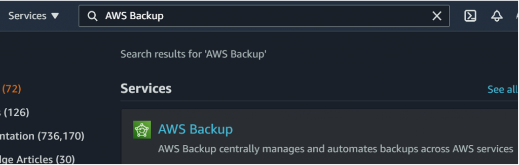 Type AWS Backup in the search bar