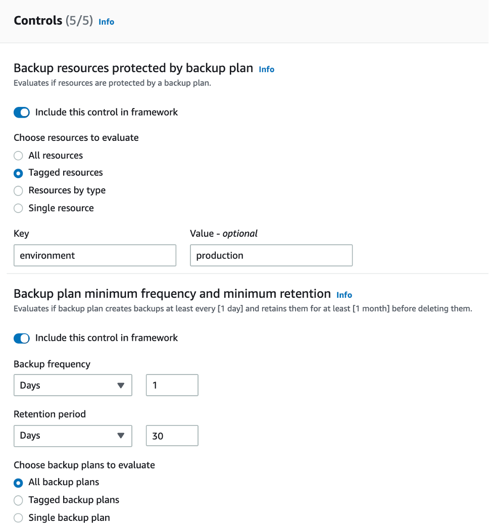 Controls for frequency retention of selected resources and backup plans