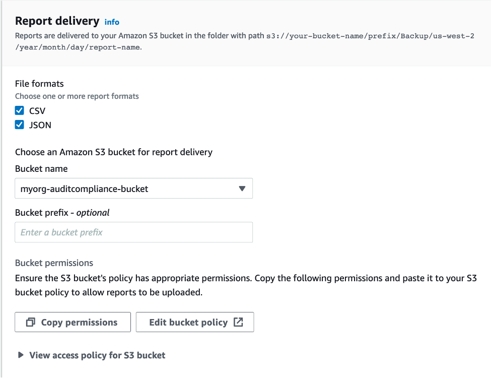 Report delivery format and bucket location