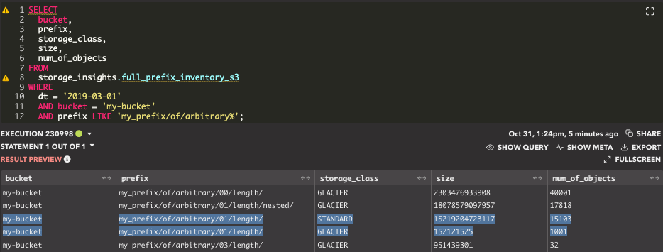 Figure 2 Storage insights datasets highlighting the storage class and size of different datasets