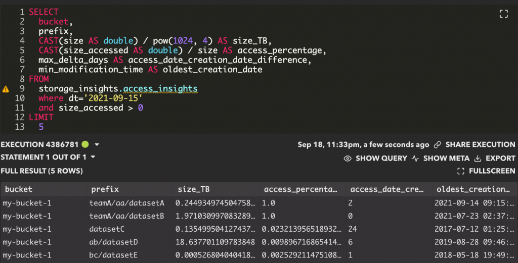 Figure 3: Storage insights access data identifying datasets with low access ratio