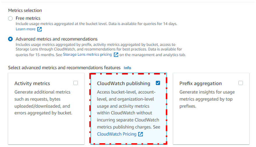 S3 Storage Lens dashboard configuration page 