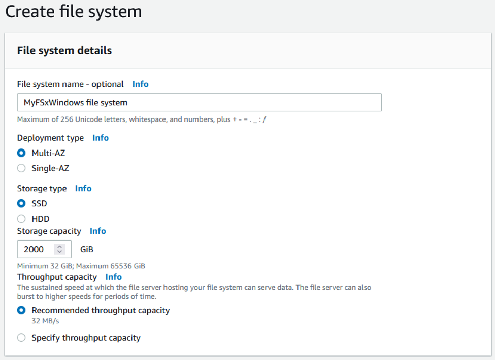 Example of the basic options available when creating an Amazon FSx file system