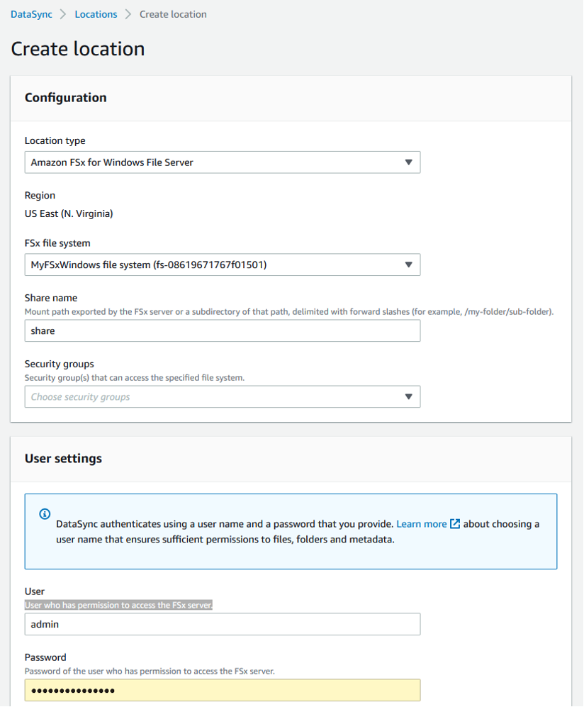 Example of the basic options available when making a DataSync location for Amazon FSx for Windows File Server