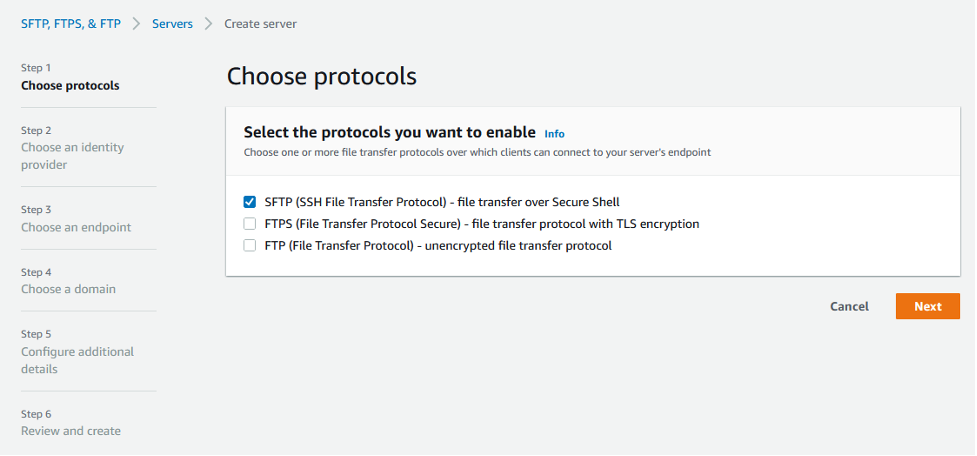 Illustration of the protocol choice screen when creating a new AWS Transfer Family Server with the SFTP option selected