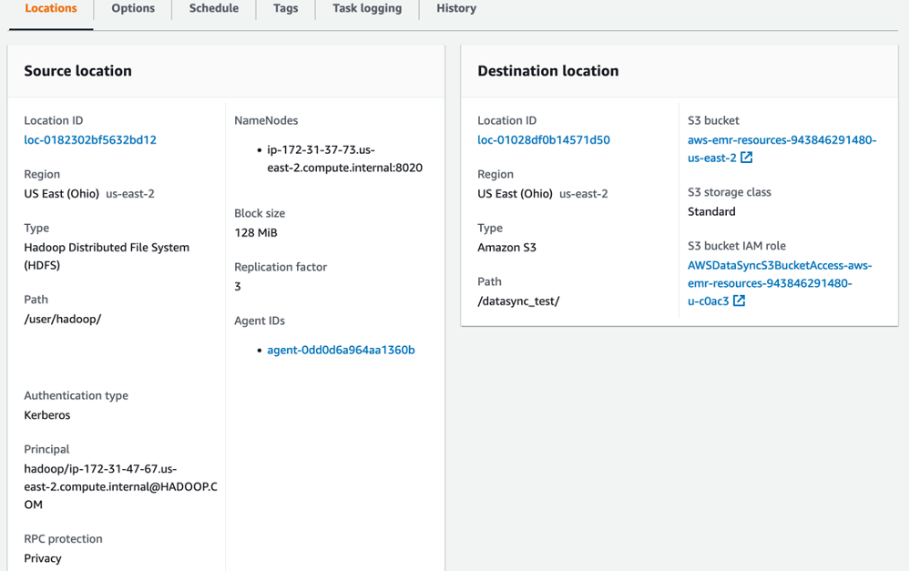 Sample source and destination task configuration