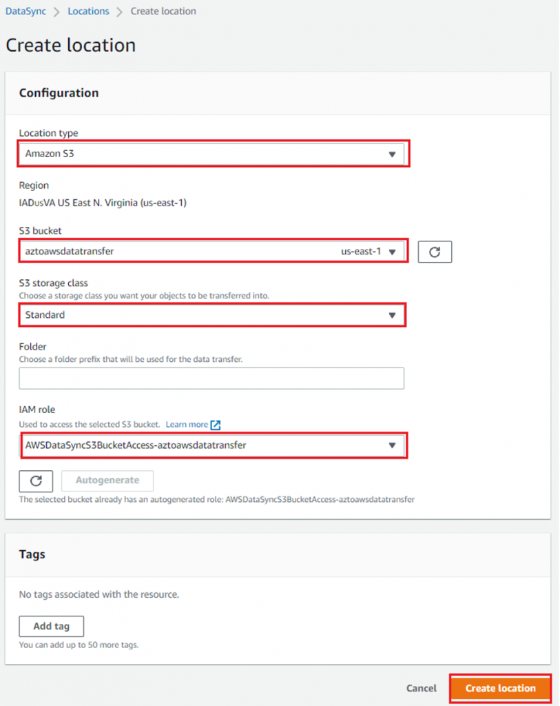 The AWS Management Console displays the Create location settings for the Amazon S3 bucket. The highlighted settings correspond to the S3 bucket and associated IAM role. 