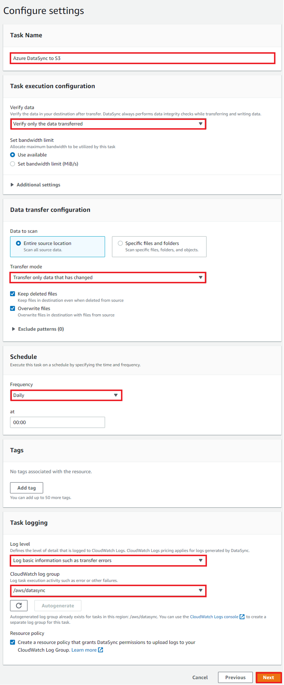 The AWS Management Console displays the Configure settings page for the DataSync task. The highlighted settings correspond to Verify only the data transferred, Transfer only data that has changed, required task frequency, and logging configuration. 