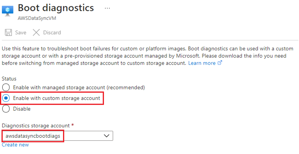 The Azure console displays the Enable with custom storage account selected along with a specified diagnostics storage account. 