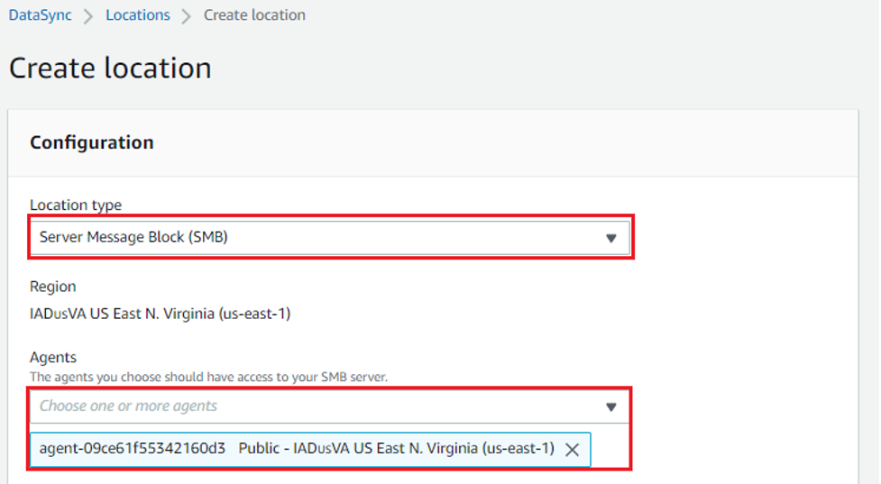 The AWS Mangement Console displays the Create agent settings. The settings correspond to Microsoft Hyper-V and a public service endpoint in the us-east-1 Region. 