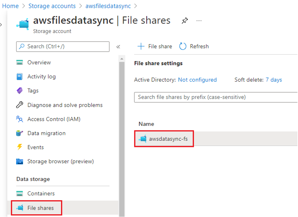 The Azure console displays the File share settings blade within the storage account. The “awsdatasync-fs” file share is highlighted. 