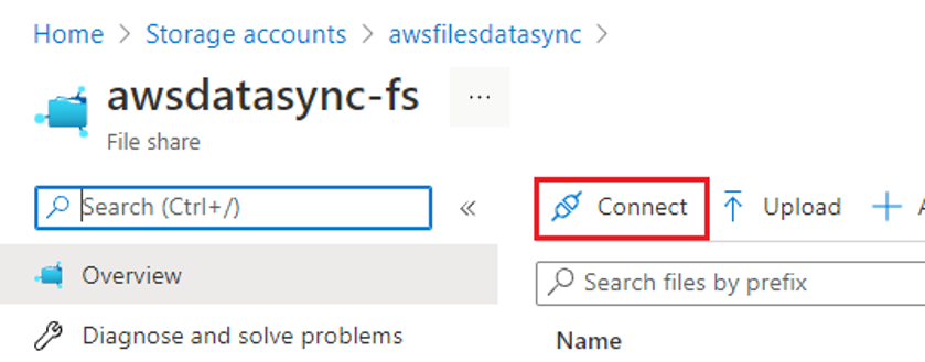 The Azure console displays the settings page for the “awsdatasync-fs” file share. The Connect button is highlighted. 