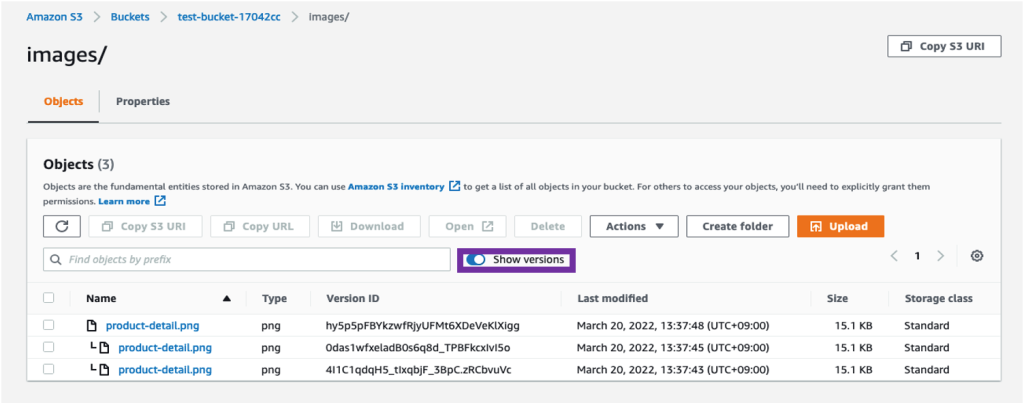 screenshot shows that there is now only one current version and two noncurrent versions after the lifecycle rule completed.