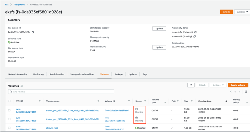 Wait until the non-root volumes are deleted from the SVM found in the AWS Management Console