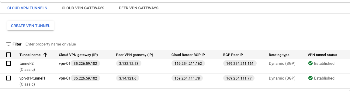 Two tunnels show status as Established