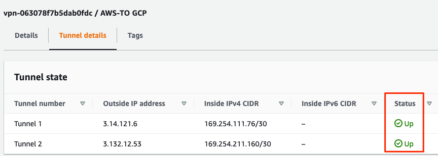 Verify VPN tunnel is in AWS