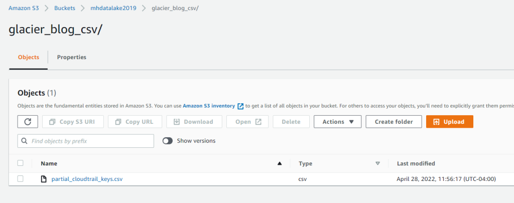 To match partial keys to the full keys in the inventory report, we upload a .csv file to Amazon S3 containing the necessary information