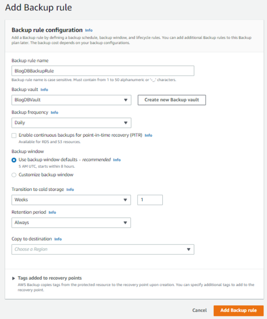 Add Backup rule by defining a backup schedule, backup window, and lifecycle rules.