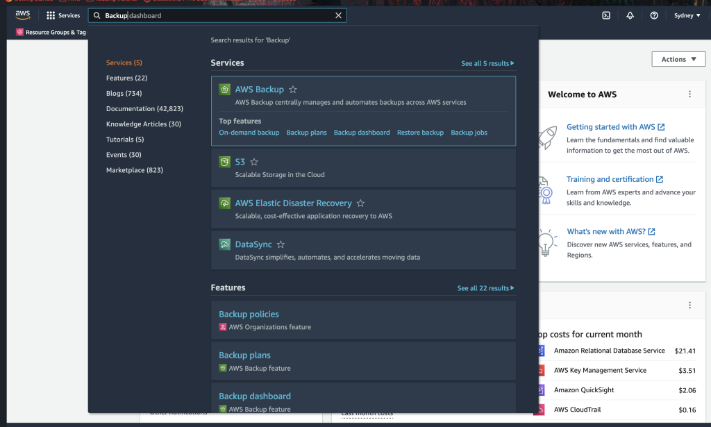 Search for “AWS Backup” in the AWS management console