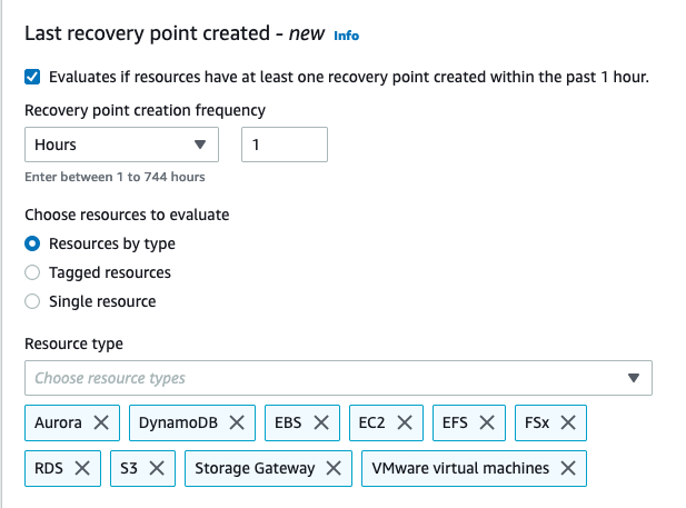 New control configuration details. In this section once enabled you can specify the frequency for recovery point check, and the resource types to evaluate