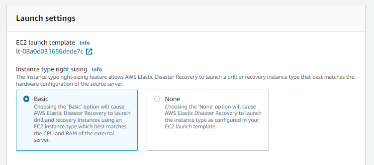 The view from the AWS DRS service in the AWS Management Console when configuring the launch settings for a given source server, highlighting the instance type right sizing feature.