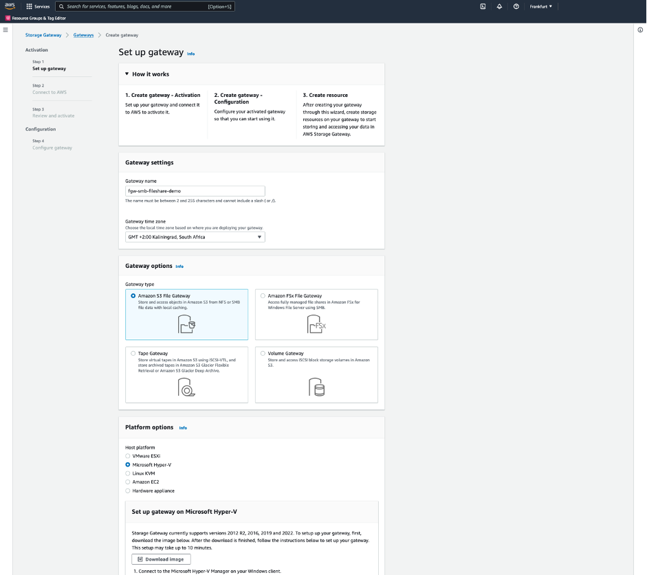 Screenshot of Set up gateway page in the Storage Gateway console