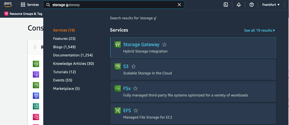 Screenshot of the AWS Management Console having Storage Gateway selected after typing storage gateway in the search box on the navigation bar